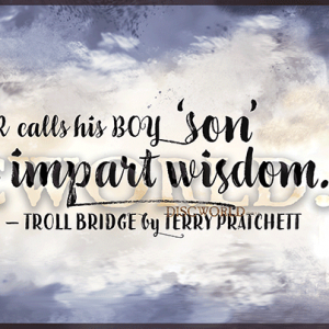 Bright white ceramic mug featuring Vimes and Errol by Paul Kidby, Discworld City Watch characters with the quote "No father ever calls his son 'boy' unless he's about to impart a well known fact."