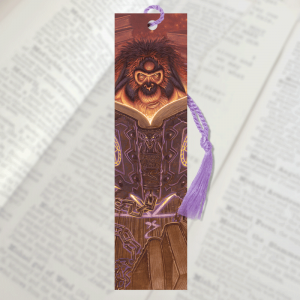 Discworld bookmark featuring Grumpy Librarian, gloss laminated with a tassel.