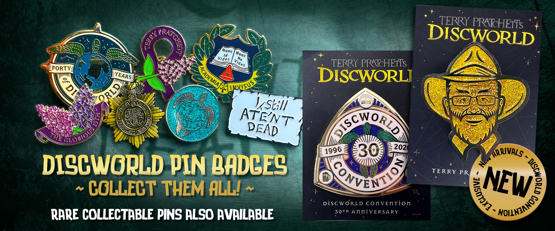 Discworld pin badges. Collectables also available.