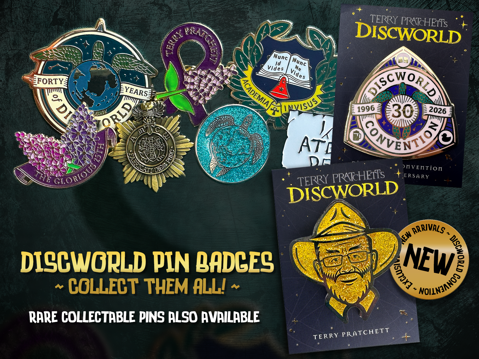 Discworld pin badges. Collectables also available.